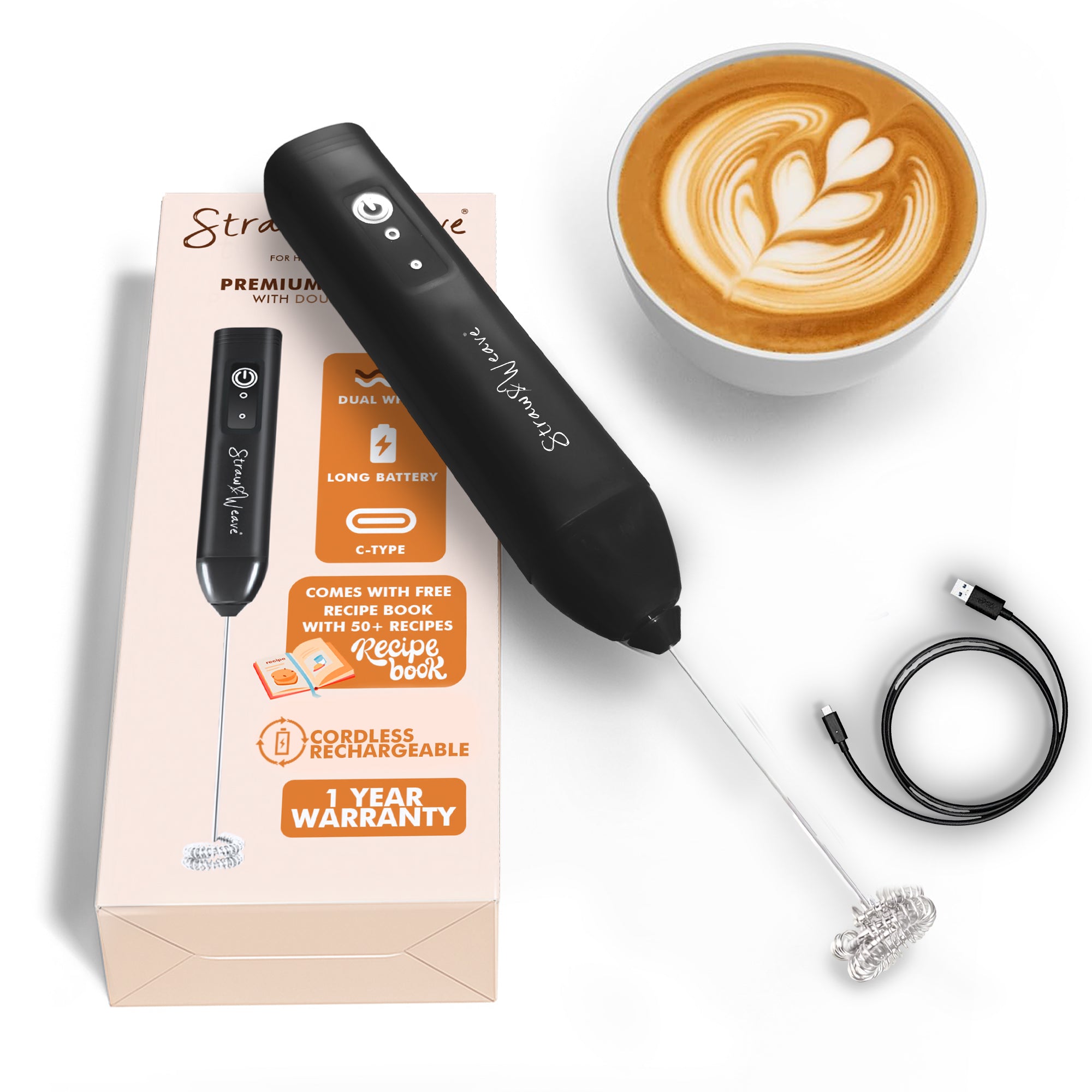 Coffee Frother Electric with Double Whisk | C Type Rechargeable Coffee Maker Machine for Home | 1 Year Warranty | Free Coffee Blender Recipe Book | Big Battery 1 Charge = 15 Days Use