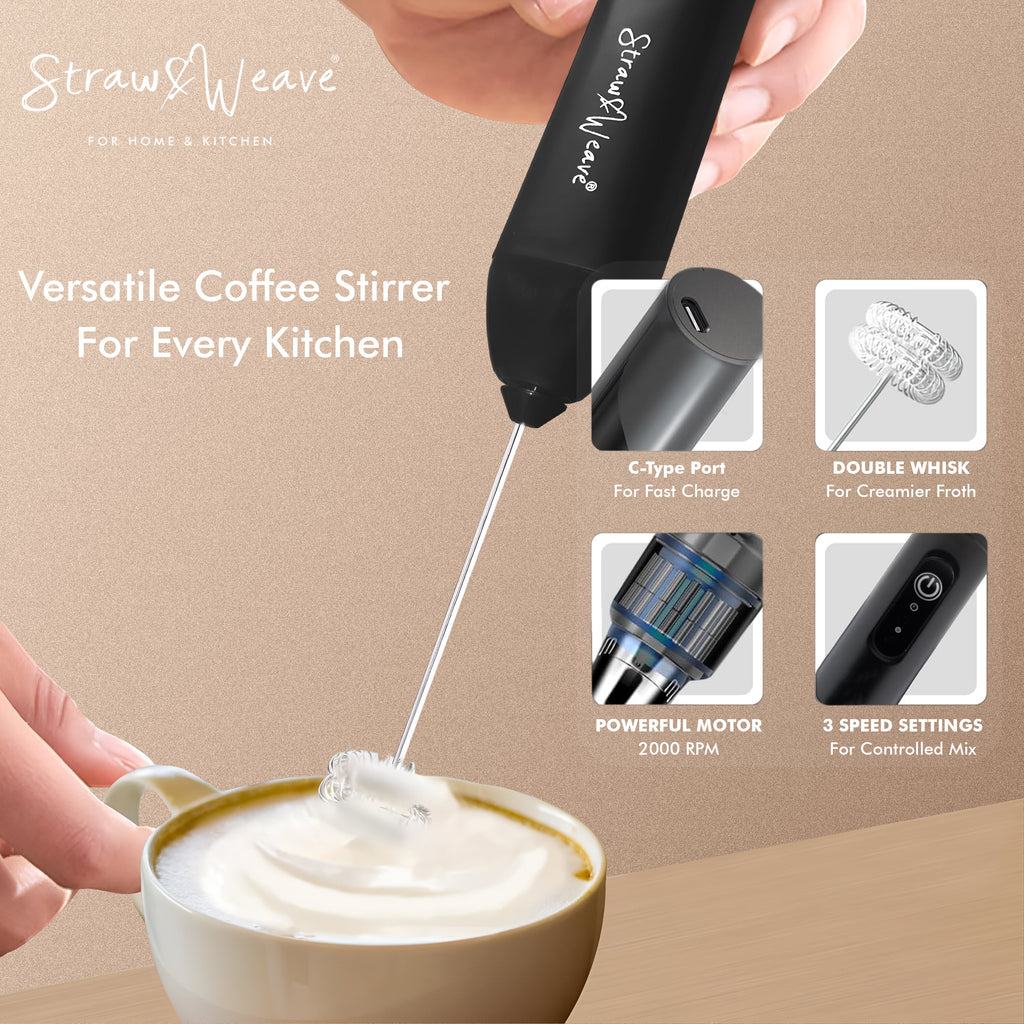 Coffee Frother Electric with Double Whisk | C Type Rechargeable Coffee Maker Machine for Home | 1 Year Warranty | Free Coffee Blender Recipe Book | Big Battery 1 Charge = 15 Days Use