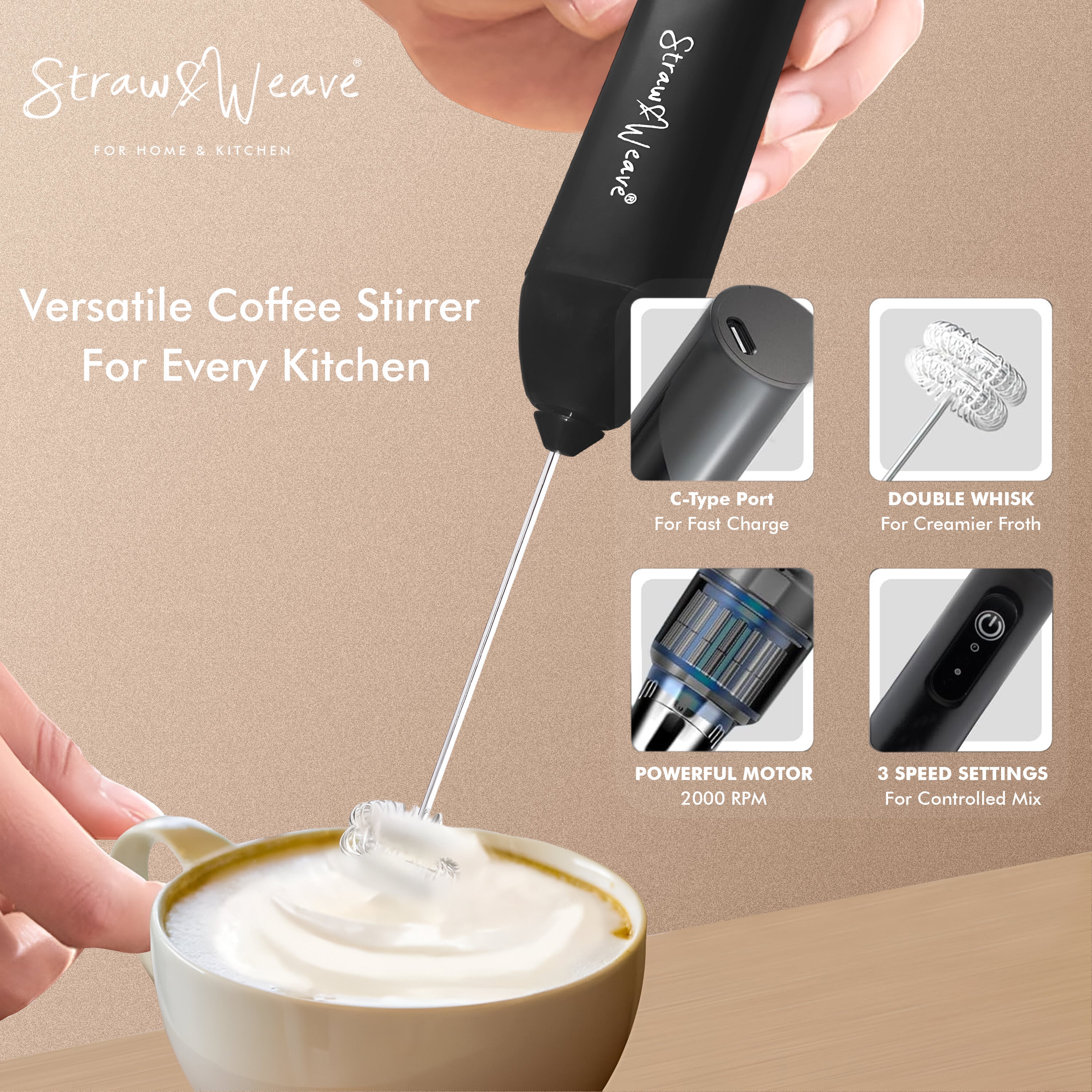 Coffee Frother Electric with Double Whisk | C Type Rechargeable Coffee Maker Machine for Home | 1 Year Warranty | Free Coffee Blender Recipe Book | Big Battery 1 Charge = 15 Days Use