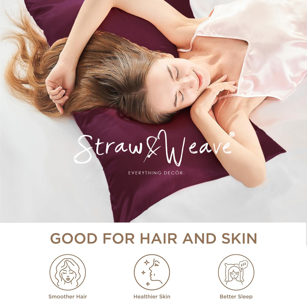 STRAW&WEAVE Solid 600 TC Satin Pillow Cover for Hair & Skin 3 Months Warranty with 2 Silk Pillow Cover & 3 Satin Scrunchies