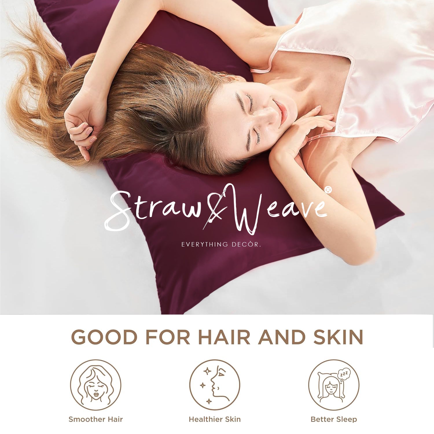 STRAW&WEAVE Solid 600 TC Satin Pillow Cover for Hair & Skin 3 Months Warranty with 2 Silk Pillow Cover & 3 Satin Scrunchies