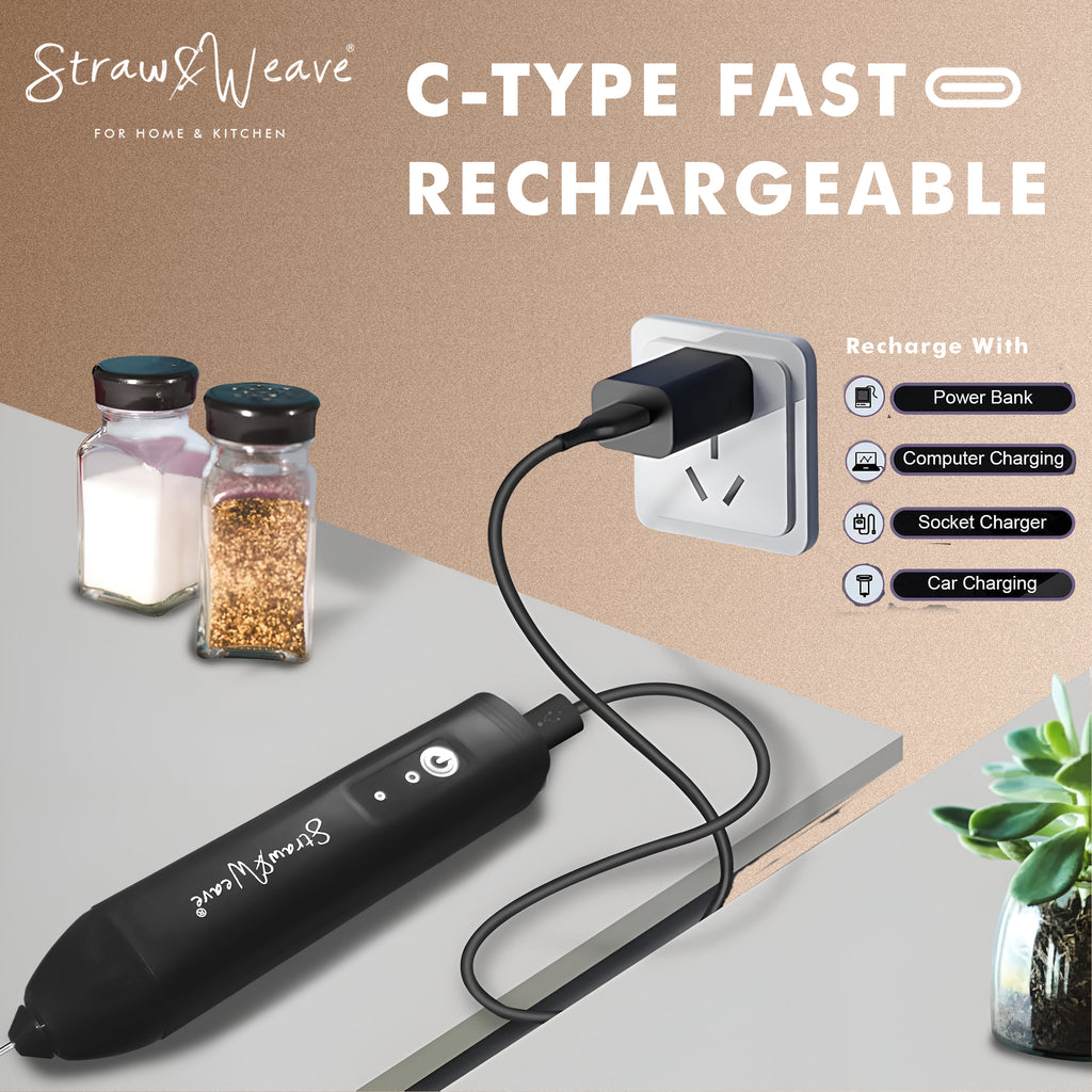 Coffee Frother Electric with Double Whisk | C Type Rechargeable Coffee Maker Machine for Home | 1 Year Warranty | Free Coffee Blender Recipe Book | Big Battery 1 Charge = 15 Days Use
