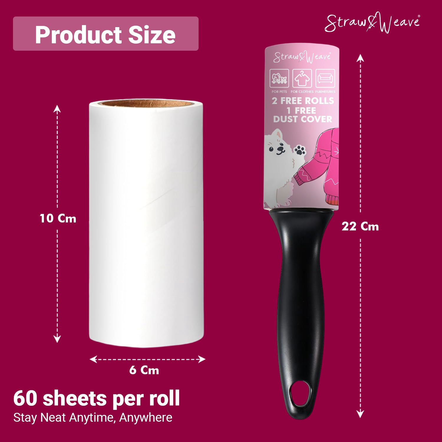 Straw&Weave Premium Lint Roller for Clothes with Brush | Pet Hair Roller | 1 Steel Wool Brush, 1 Handle, 180 Sheets with Dust Cover | Lint Remover for Pet Hair and Woolen Clothes