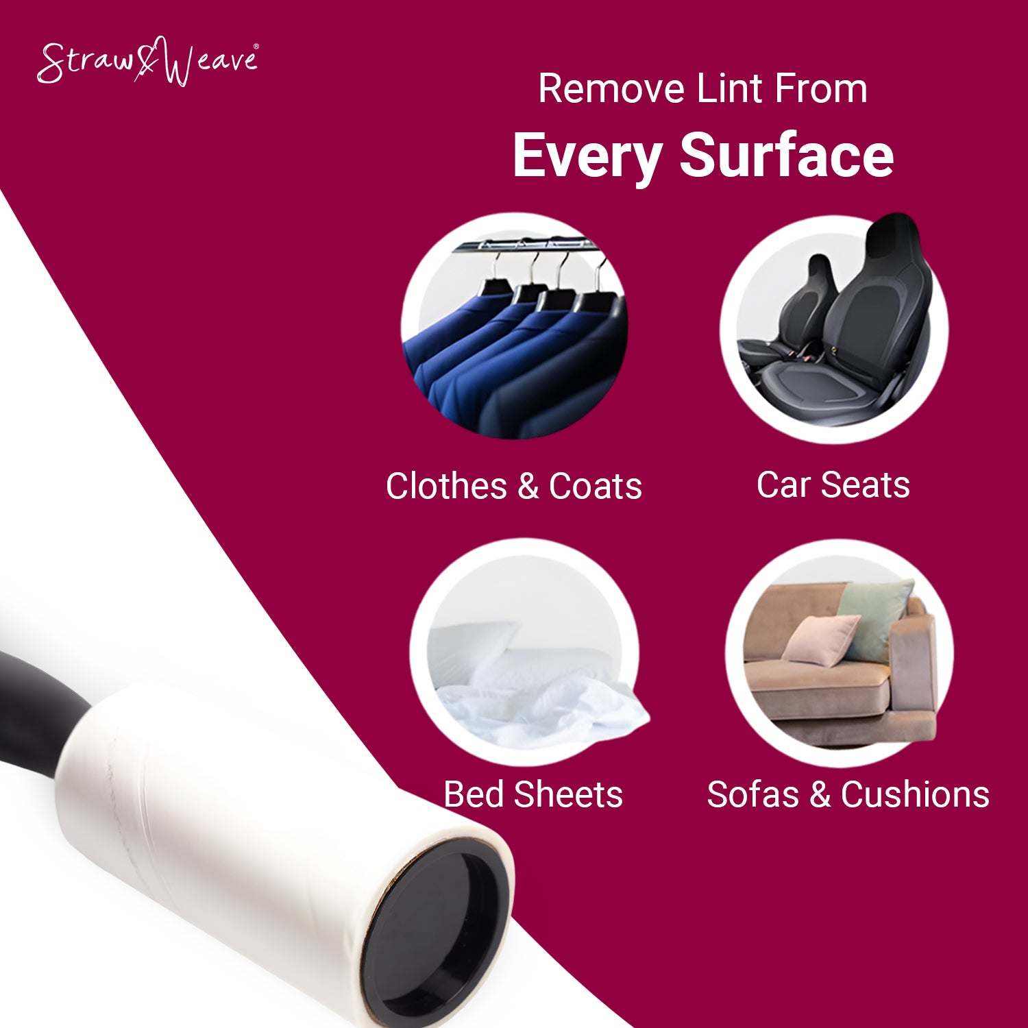 Straw&Weave Premium Lint Roller for Clothes with Brush | Pet Hair Roller | 1 Steel Wool Brush, 1 Handle, 180 Sheets with Dust Cover | Lint Remover for Pet Hair and Woolen Clothes