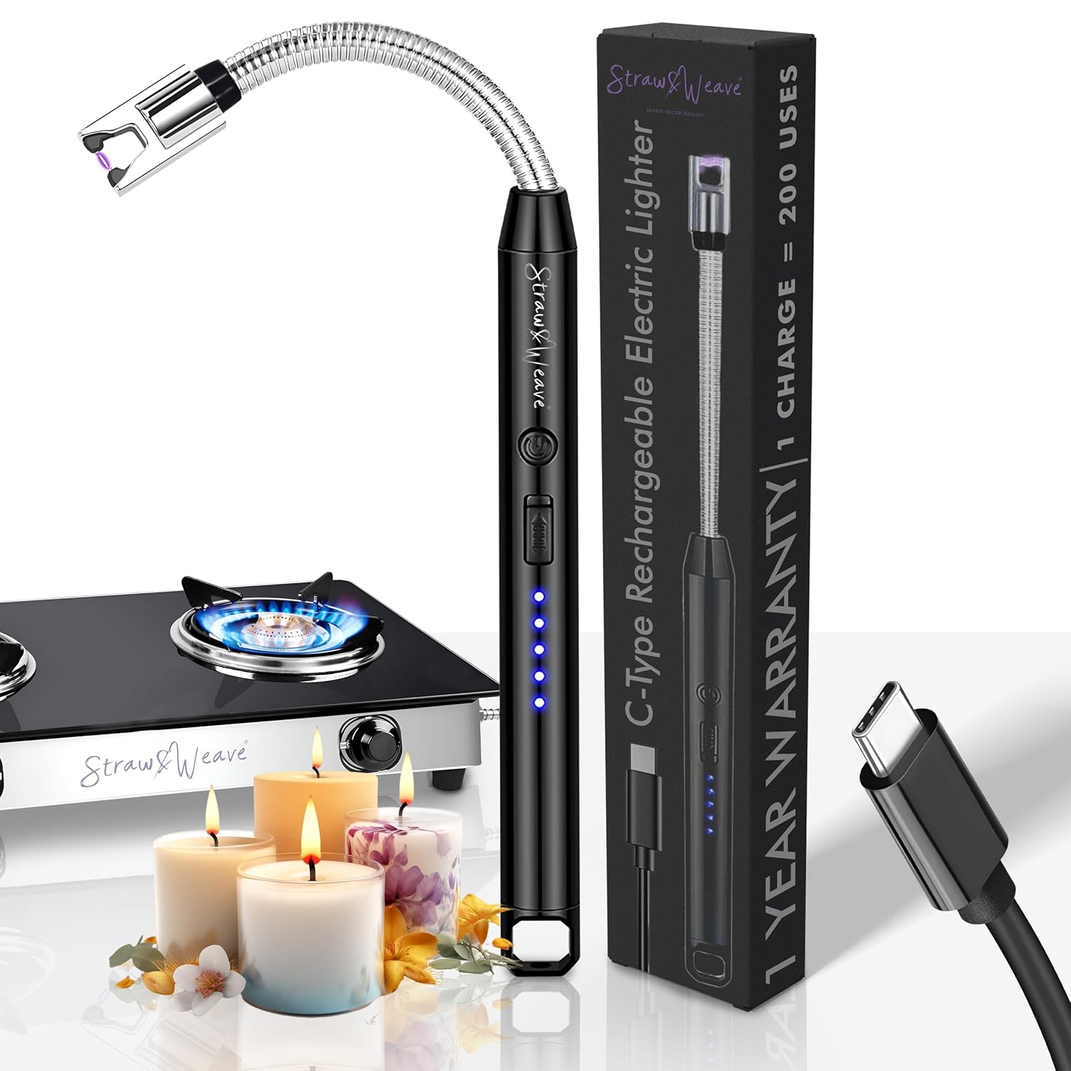 Straw&Weave Electric Rechargeable Plasma Gas Lighter for Kitchen, Lighter for Gas Stove, Candles, Pooja, 1 Year Warranty, C-Type USB, Kitchen Tools, Multi Purpose - 360° Flexible & Windproof, Multi-Color