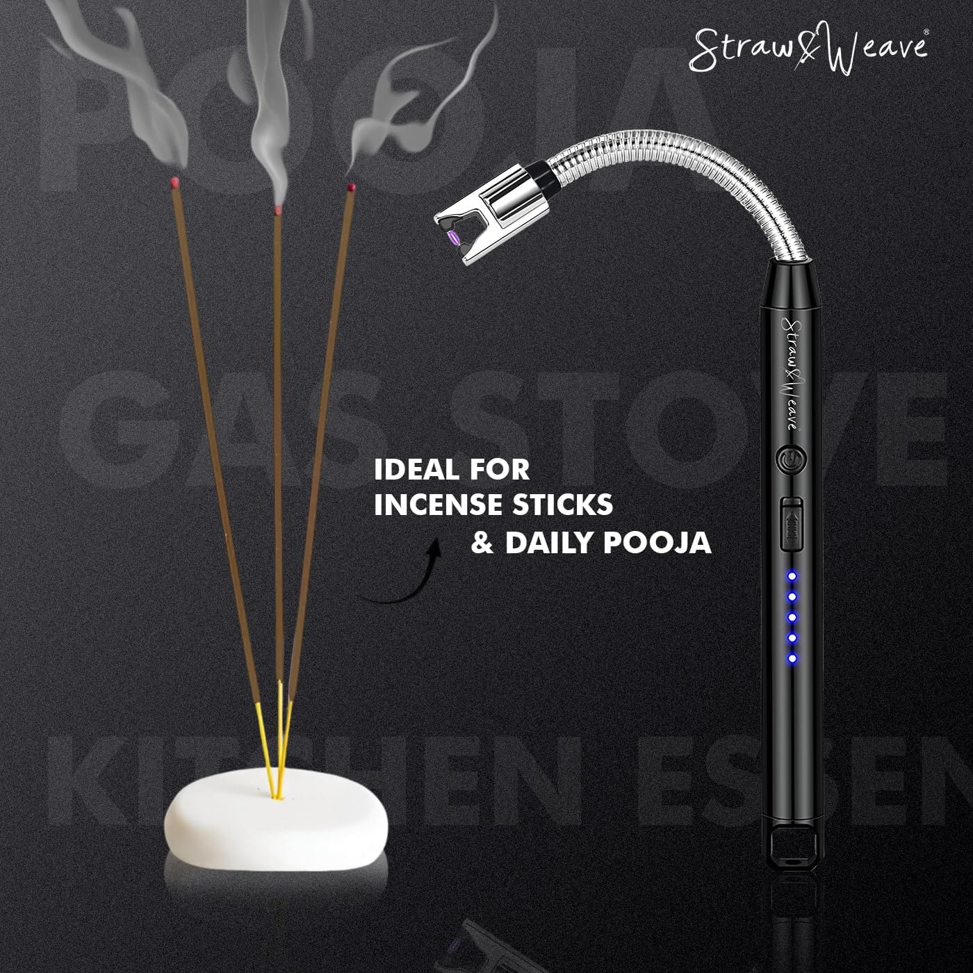 Straw&Weave Electric Rechargeable Plasma Gas Lighter for Kitchen, Lighter for Gas Stove, Candles, Pooja, 1 Year Warranty, C-Type USB, Kitchen Tools, Multi Purpose - 360° Flexible & Windproof, Multi-Color