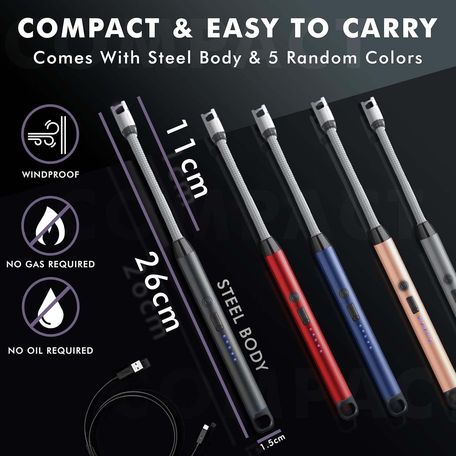 Straw&Weave Electric Rechargeable Plasma Gas Lighter for Kitchen, Lighter for Gas Stove, Candles, Pooja, 1 Year Warranty, C-Type USB, Kitchen Tools, Multi Purpose - 360° Flexible & Windproof, Multi-Color