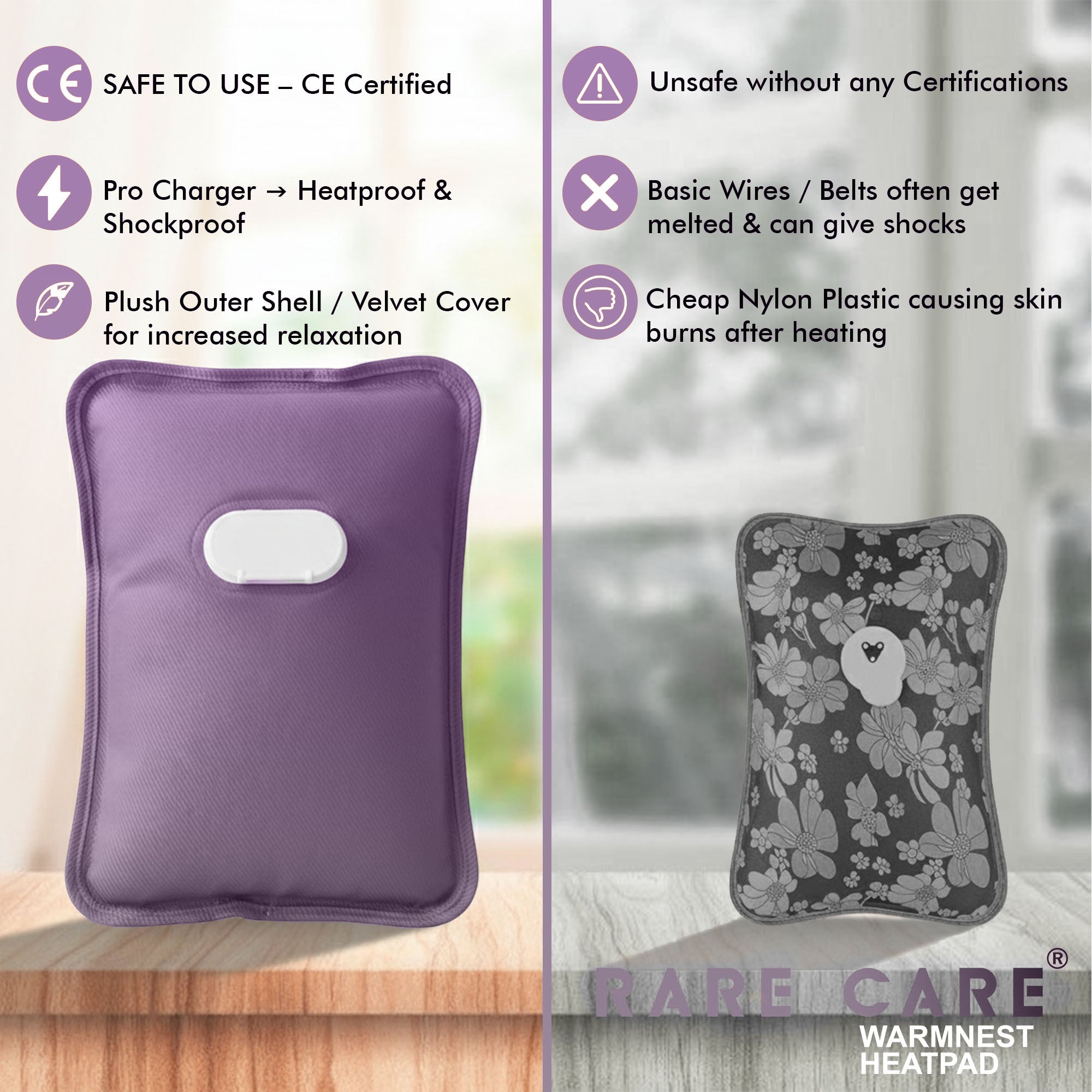 RARECARE Premium Electric Hot Water Bag For Pain Relief With Velvet Sleeve Heating Pad | 1 Year Warranty | Electric Heating Pad with 6 Layer Cover | Fast Gel Hot Bag (Royal Lavender)