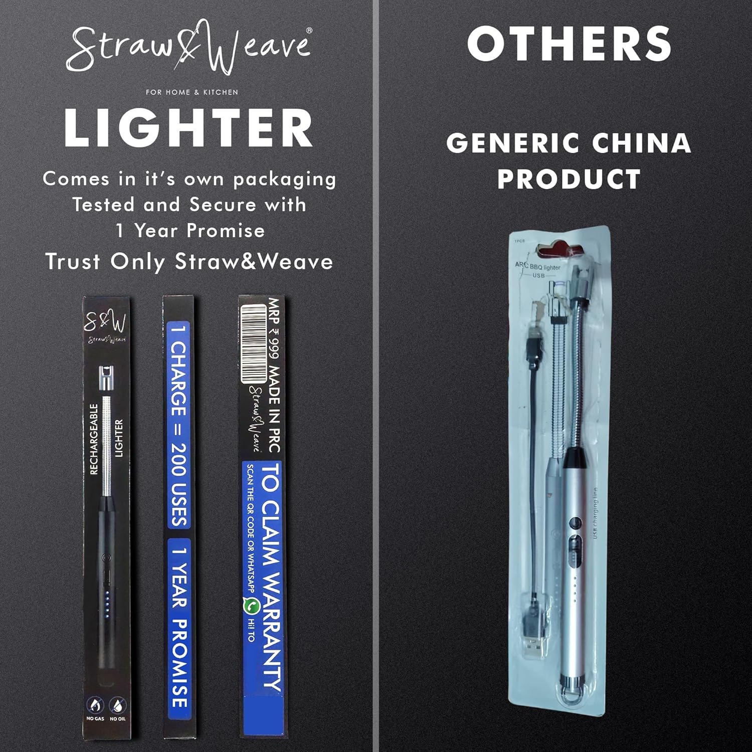 Straw&Weave Electric Rechargeable Plasma Gas Lighter for Kitchen, Lighter for Gas Stove, Candles, Pooja, 1 Year Warranty, C-Type USB, Kitchen Tools, Multi Purpose - 360° Flexible & Windproof, Multi-Color