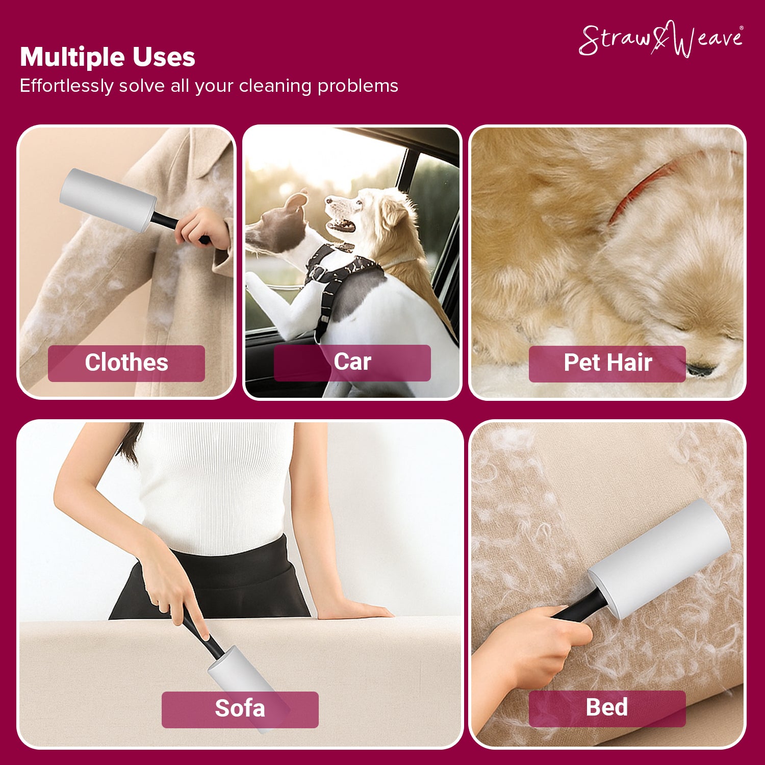 Straw&Weave Premium Lint Roller for Clothes with Brush | Pet Hair Roller | 1 Steel Wool Brush, 1 Handle, 180 Sheets with Dust Cover | Lint Remover for Pet Hair and Woolen Clothes