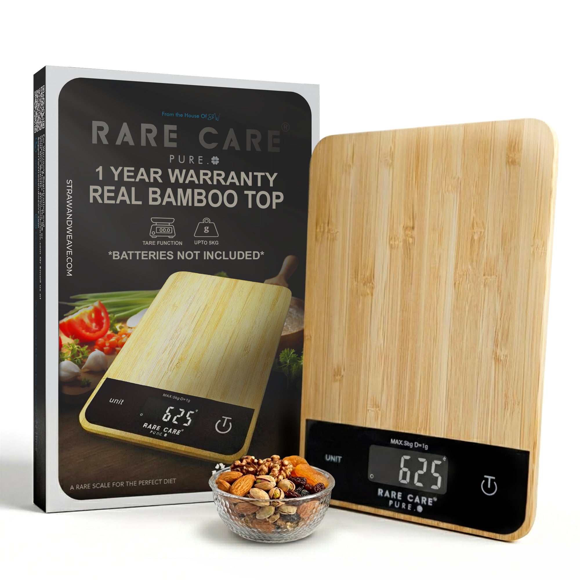 RARECARE Kitchen Weight Machine For Home - Real Bamboo Top | Electronic Weighing Machine for Food | Tare Function 1 Year Warranty | Dual Weight Setting | *Batteries Not Included* | Model - Pure