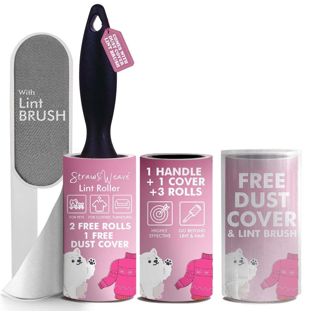 Straw&Weave Premium Lint Roller for Clothes with Brush | Pet Hair Roller | 1 Steel Wool Brush, 1 Handle, 180 Sheets with Dust Cover | Lint Remover for Pet Hair and Woolen Clothes