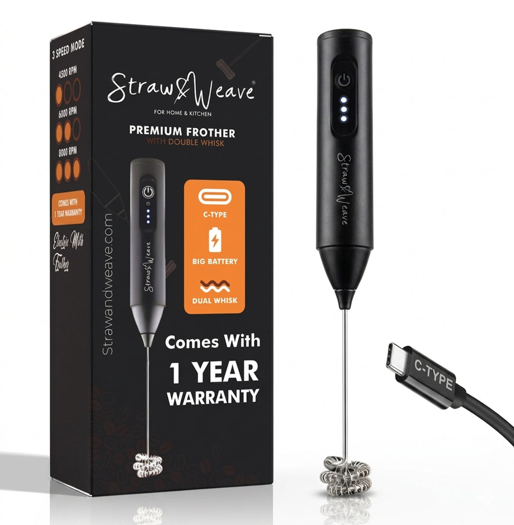 Straw&Weave Coffee Frother Electric with Double Whisk | C Type Rechargeable Coffee Maker Machine for Home | 1 Year Warranty | Free Coffee Blender Recipe Book | Big Battery 1 Charge = 15 Days Use