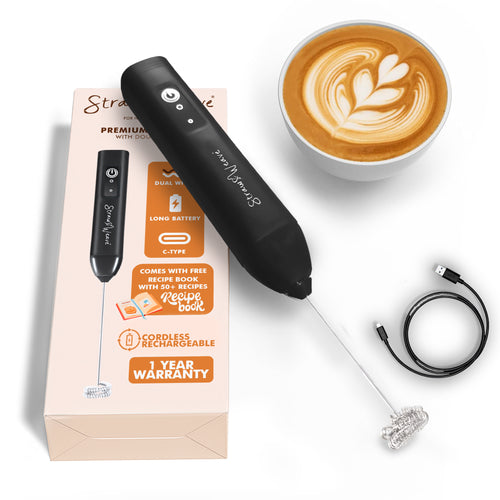Coffee Frother Electric with Double Whisk | C Type Rechargeable Coffee Maker Machine for Home | 1 Year Warranty | Free Coffee Blender Recipe Book | Big Battery 1 Charge = 15 Days Use
