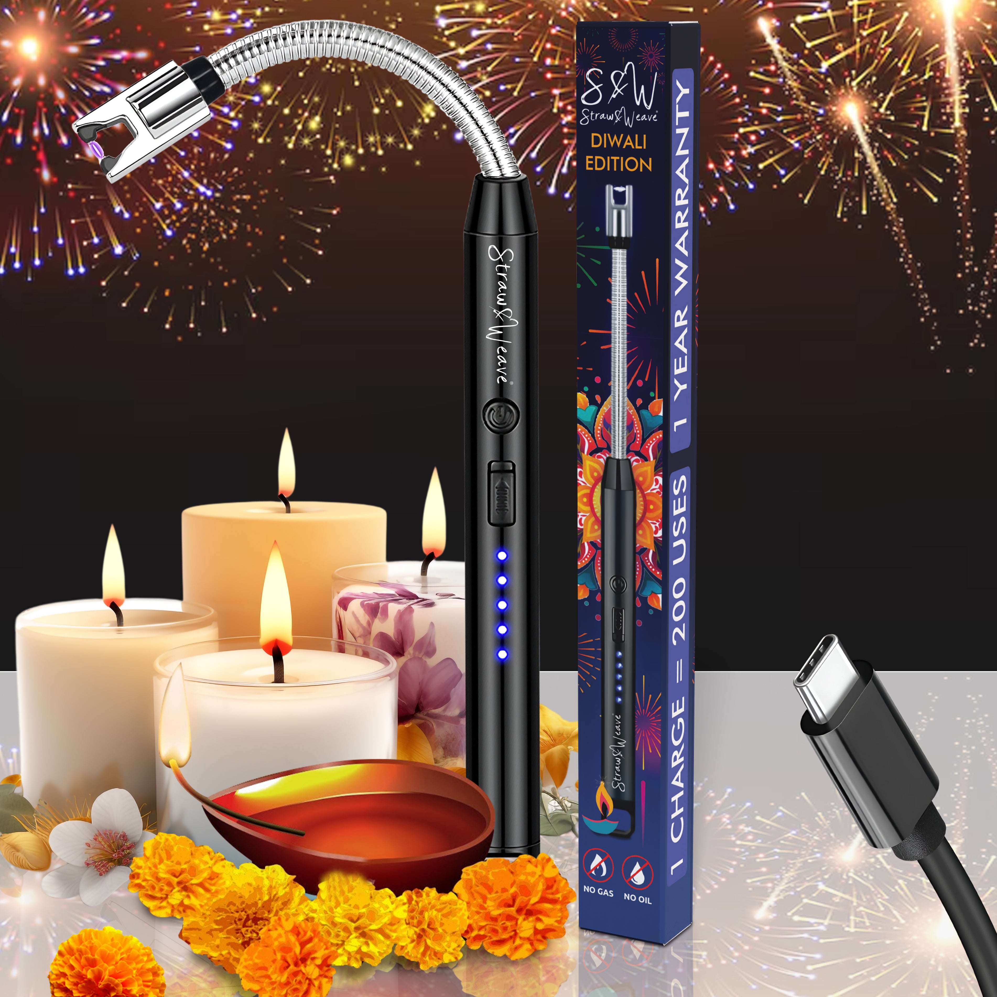 Diwali Gas Lighter for Kitchen, Electric Plasma Lighter for Gas Stove Metal Body with Big Battery | 1 Year Warranty, C-Type USB, Deepawali Lighters, Multi-Color