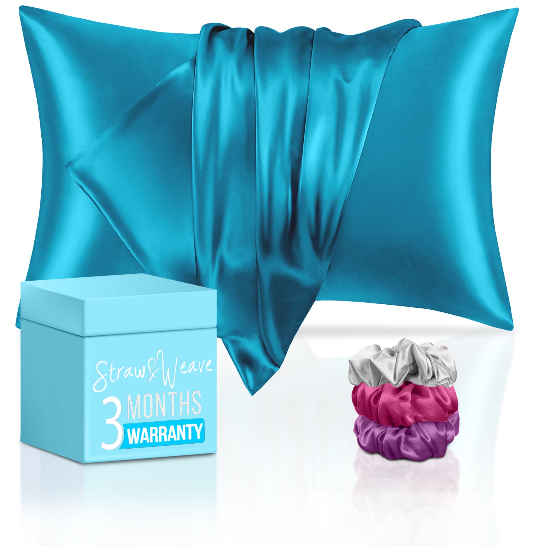 Straw&Weave Solid 600 TC Satin Pillow Cover for Hair & Skin 3 Months Warranty with 2 Silk Pillow Cover & 3 Satin Scrunchies