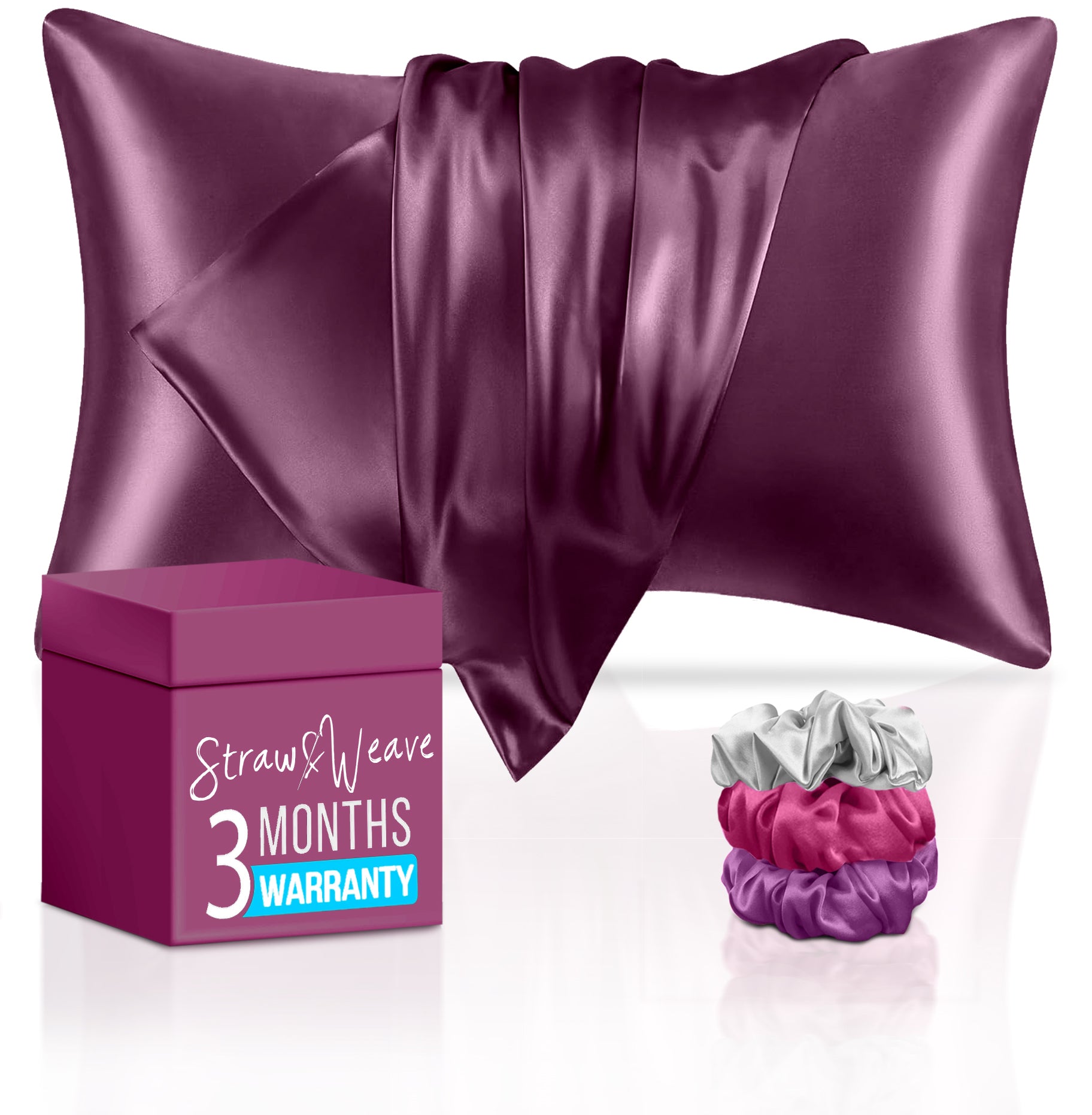 STRAW&WEAVE Solid 600 TC Satin Pillow Cover for Hair & Skin 3 Months Warranty with 2 Silk Pillow Cover & 3 Satin Scrunchies