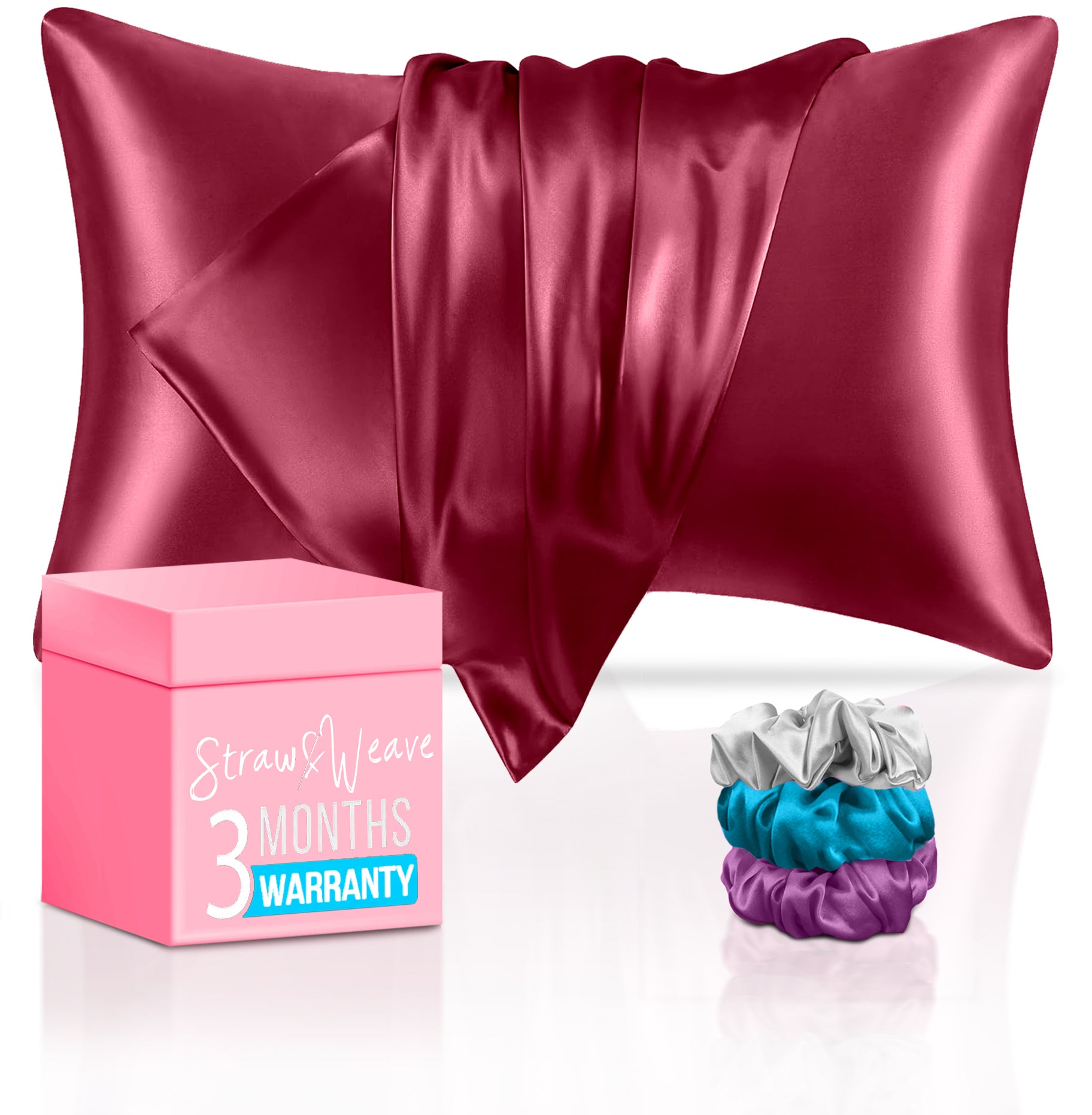 Straw&Weave Solid 600 TC Satin Pillow Cover for Hair & Skin 3 Months Warranty with 2 Silk Pillow Cover & 3 Satin Scrunchies