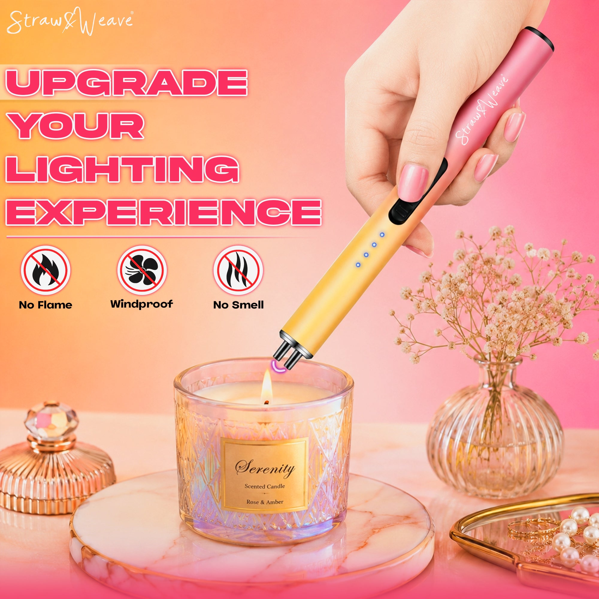 Straw&Weave Premium Rechargeable Electric Gas Lighter for Kitchen, Lighter for Gas Stove, Candles, Pooja, 1 Year Warranty, C-Type USB, Kitchen Tools, Multi Purpose, Slider & Windproof