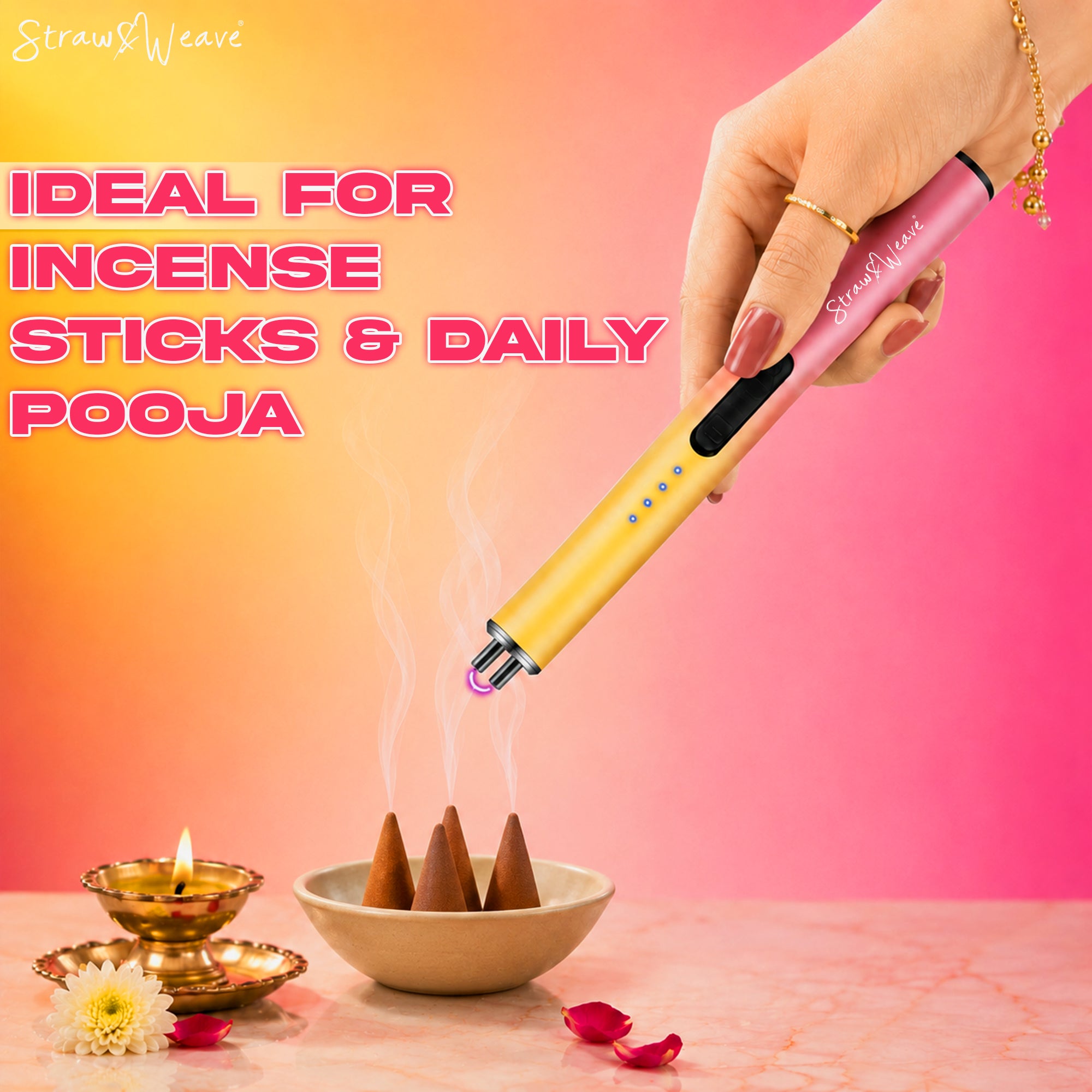 Straw&Weave Premium Rechargeable Electric Gas Lighter for Kitchen, Lighter for Gas Stove, Candles, Pooja, 1 Year Warranty, C-Type USB, Kitchen Tools, Multi Purpose, Slider & Windproof