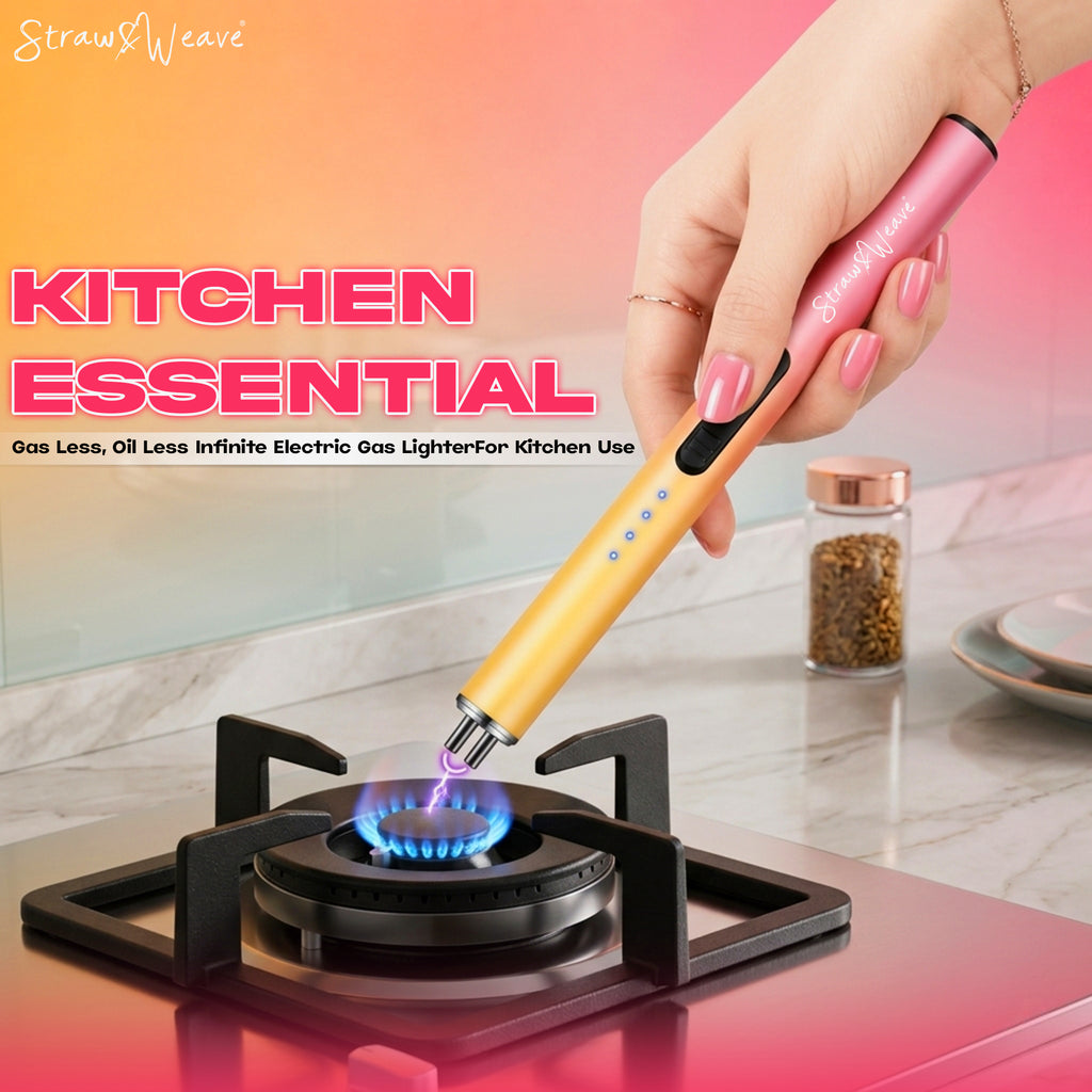 Straw&Weave Premium Rechargeable Electric Gas Lighter for Kitchen, Lighter for Gas Stove, Candles, Pooja, 1 Year Warranty, C-Type USB, Kitchen Tools, Multi Purpose, Slider & Windproof