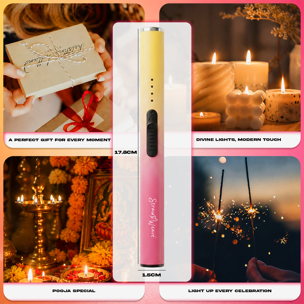 Straw&Weave Premium Rechargeable Electric Gas Lighter for Kitchen, Lighter for Gas Stove, Candles, Pooja, 1 Year Warranty, C-Type USB, Kitchen Tools, Multi Purpose, Slider & Windproof