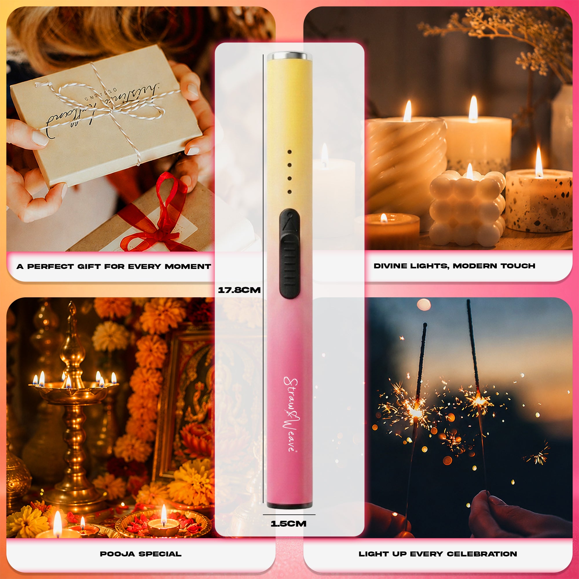 Straw&Weave Premium Rechargeable Electric Gas Lighter for Kitchen, Lighter for Gas Stove, Candles, Pooja, 1 Year Warranty, C-Type USB, Kitchen Tools, Multi Purpose, Slider & Windproof