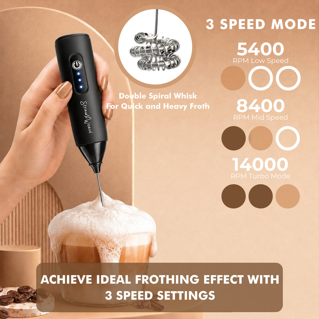 Straw&Weave Coffee Frother Electric with Double Whisk | C Type Rechargeable Coffee Maker Machine for Home | 1 Year Warranty | Free Coffee Blender Recipe Book | Big Battery 1 Charge = 15 Days Use