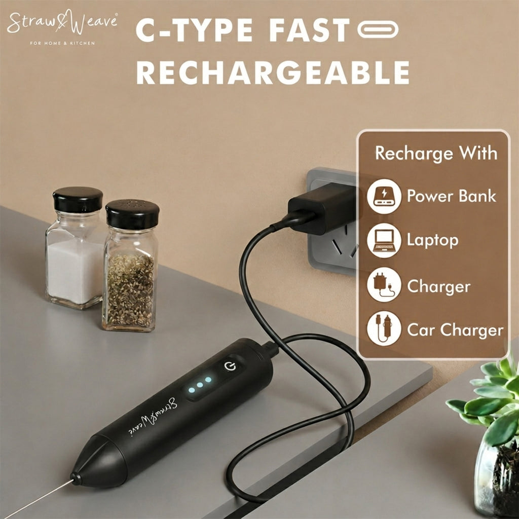 Straw&Weave Coffee Frother Electric with Double Whisk | C Type Rechargeable Coffee Maker Machine for Home | 1 Year Warranty | Free Coffee Blender Recipe Book | Big Battery 1 Charge = 15 Days Use