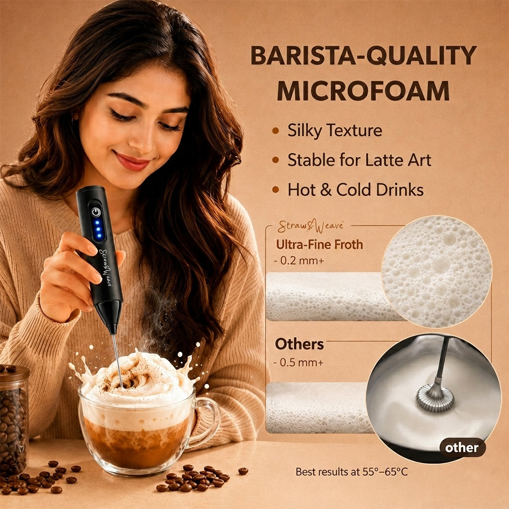 Straw&Weave Coffee Frother Electric with Double Whisk | C Type Rechargeable Coffee Maker Machine for Home | 1 Year Warranty | Free Coffee Blender Recipe Book | Big Battery 1 Charge = 15 Days Use