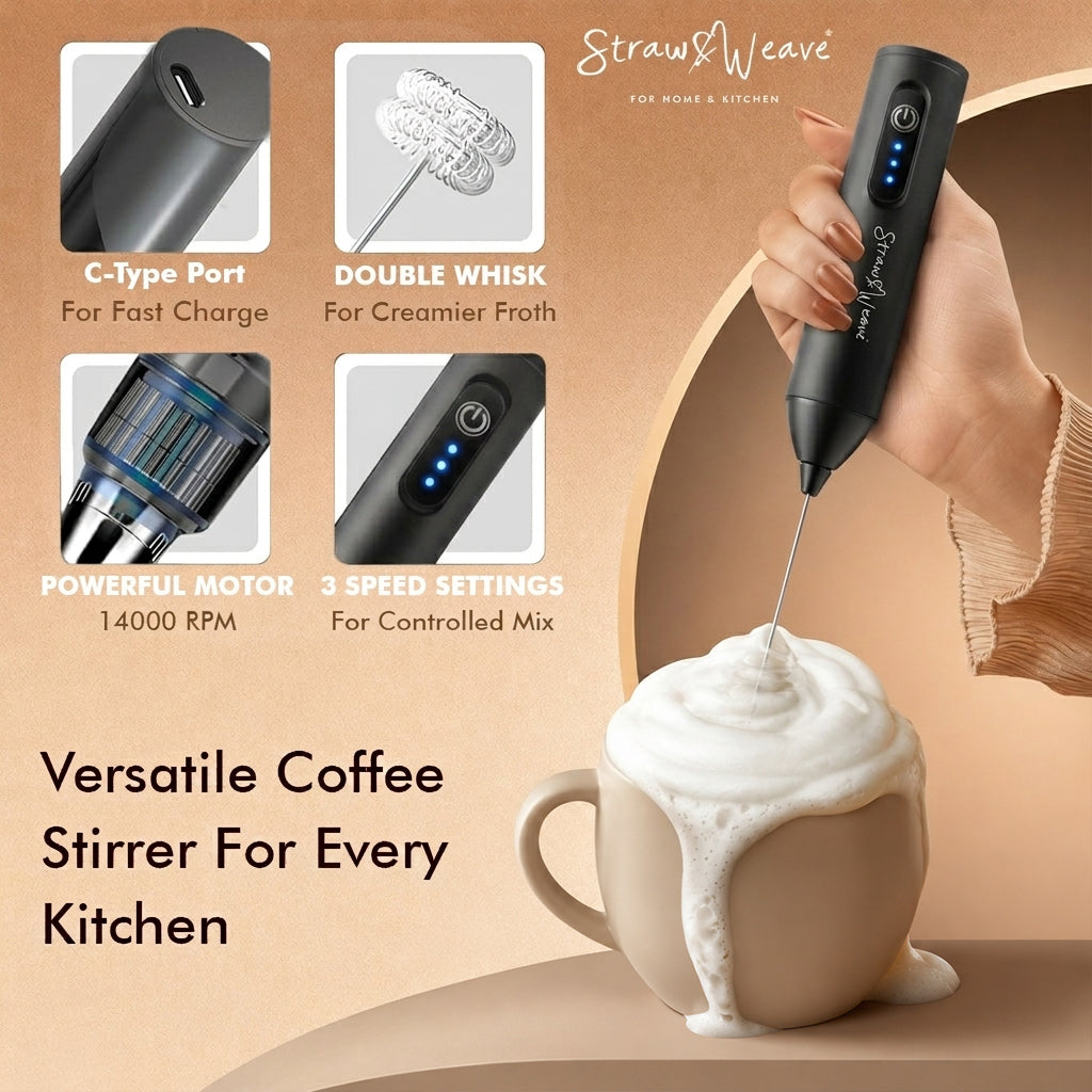 Straw&Weave Coffee Frother Electric with Double Whisk | C Type Rechargeable Coffee Maker Machine for Home | 1 Year Warranty | Free Coffee Blender Recipe Book | Big Battery 1 Charge = 15 Days Use