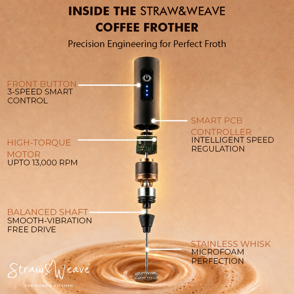 Straw&Weave Coffee Frother Electric with Double Whisk | C Type Rechargeable Coffee Maker Machine for Home | 1 Year Warranty | Free Coffee Blender Recipe Book | Big Battery 1 Charge = 15 Days Use