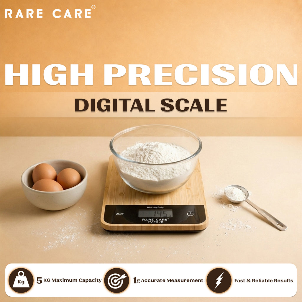 RARECARE Kitchen Weight Machine For Home - Real Bamboo Top | Electronic Weighing Machine for Food | Tare Function 1 Year Warranty | Dual Weight Setting | *Batteries Not Included* | Model - Pure