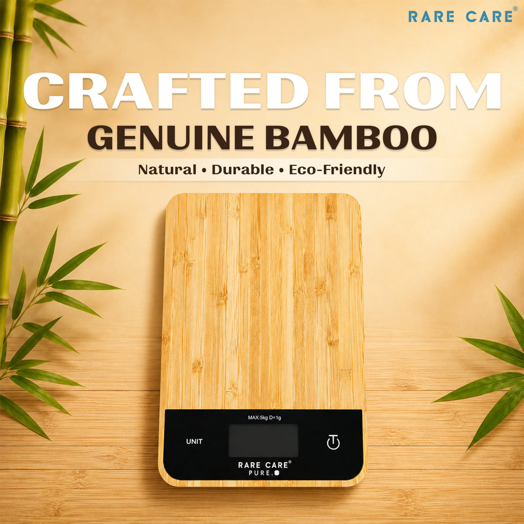 RARECARE Kitchen Weight Machine For Home - Real Bamboo Top | Electronic Weighing Machine for Food | Tare Function 1 Year Warranty | Dual Weight Setting | *Batteries Not Included* | Model - Pure
