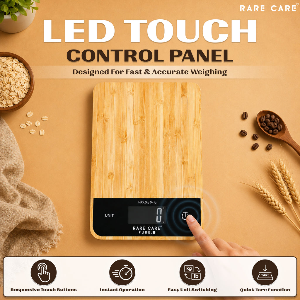 RARECARE Kitchen Weight Machine For Home - Real Bamboo Top | Electronic Weighing Machine for Food | Tare Function 1 Year Warranty | Dual Weight Setting | *Batteries Not Included* | Model - Pure