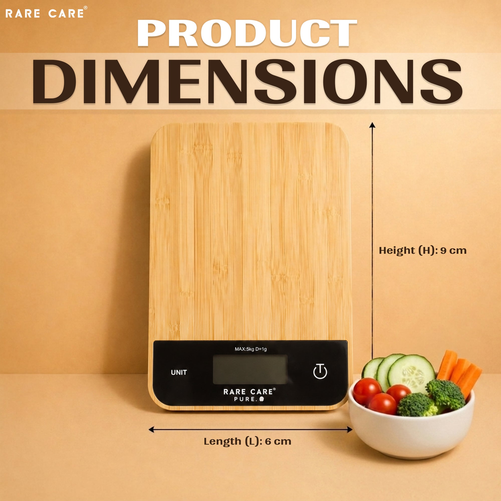 RARECARE Kitchen Weight Machine For Home - Real Bamboo Top | Electronic Weighing Machine for Food | Tare Function 1 Year Warranty | Dual Weight Setting | *Batteries Not Included* | Model - Pure