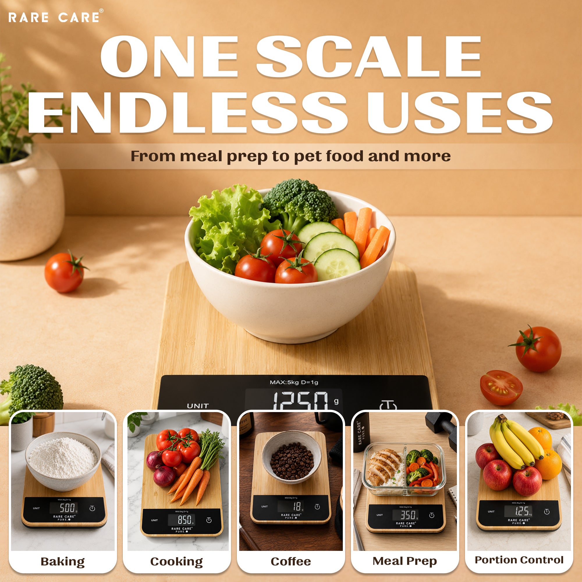 RARECARE Kitchen Weight Machine For Home - Real Bamboo Top | Electronic Weighing Machine for Food | Tare Function 1 Year Warranty | Dual Weight Setting | *Batteries Not Included* | Model - Pure