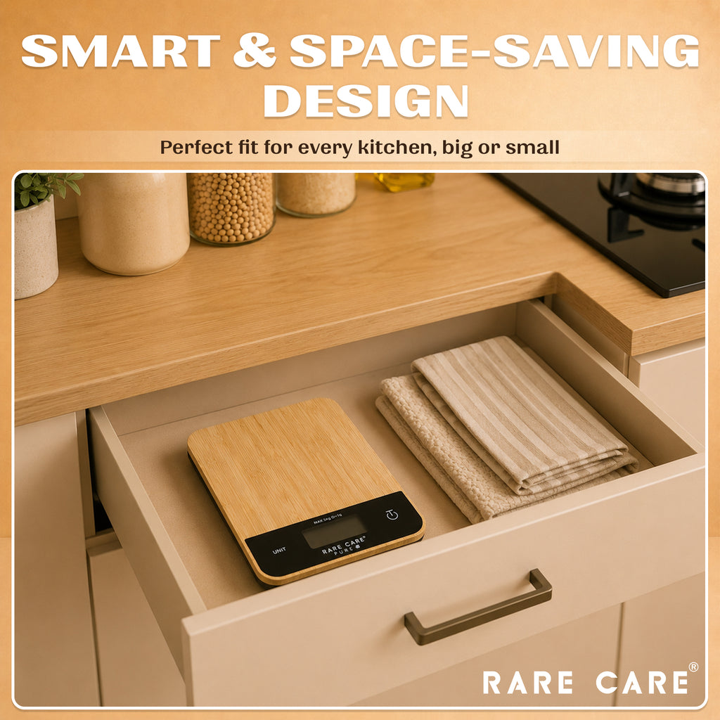 RARECARE Kitchen Weight Machine For Home - Real Bamboo Top | Electronic Weighing Machine for Food | Tare Function 1 Year Warranty | Dual Weight Setting | *Batteries Not Included* | Model - Pure