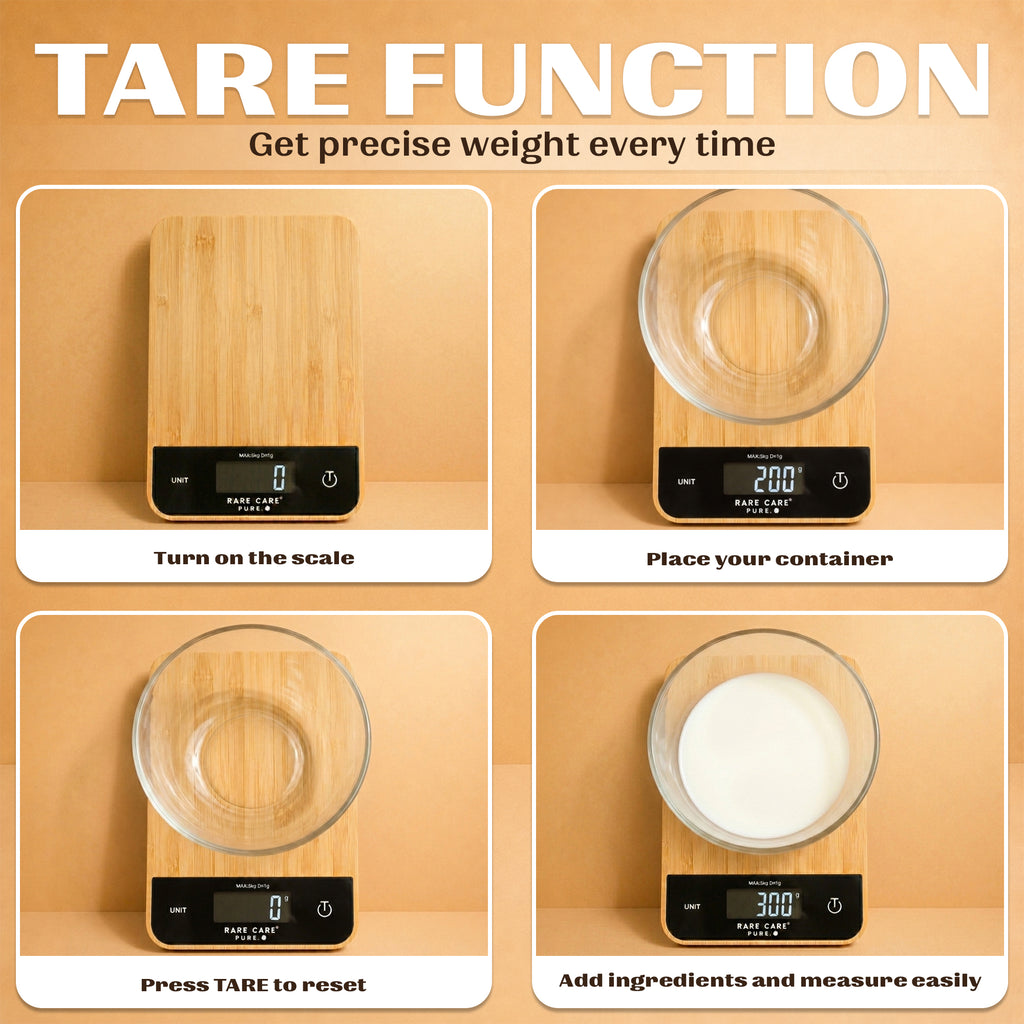 RARECARE Kitchen Weight Machine For Home - Real Bamboo Top | Electronic Weighing Machine for Food | Tare Function 1 Year Warranty | Dual Weight Setting | *Batteries Not Included* | Model - Pure