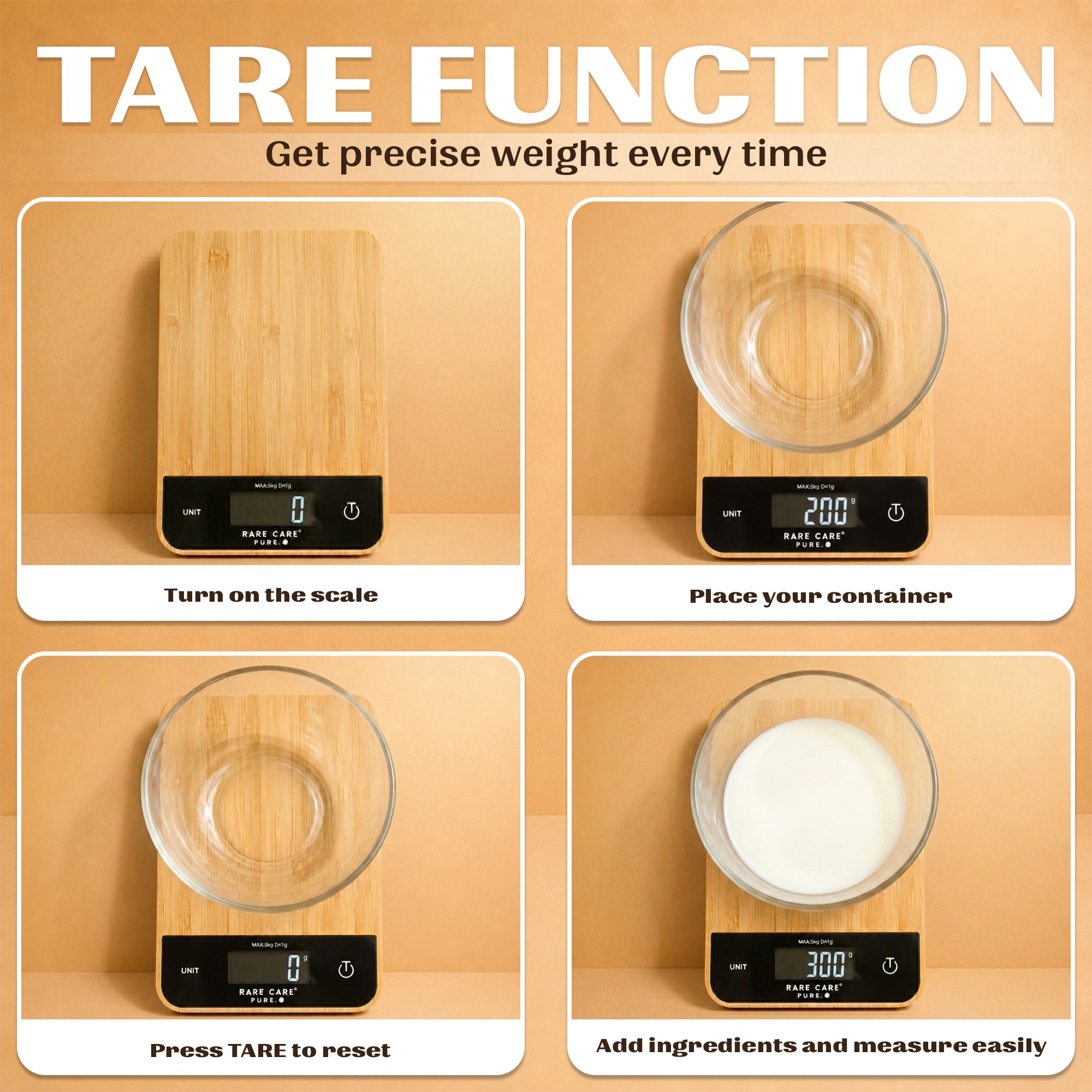 RARECARE Kitchen Weight Machine For Home - Real Bamboo Top | Electronic Weighing Machine for Food | Tare Function 1 Year Warranty | Dual Weight Setting | *Batteries Not Included* | Model - Pure