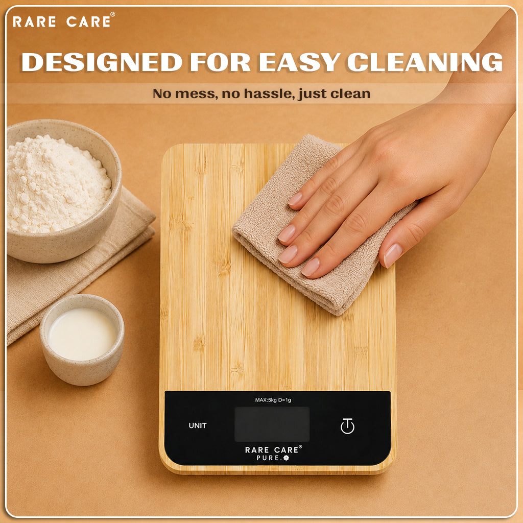 RARECARE Kitchen Weight Machine For Home - Real Bamboo Top | Electronic Weighing Machine for Food | Tare Function 1 Year Warranty | Dual Weight Setting | *Batteries Not Included* | Model - Pure