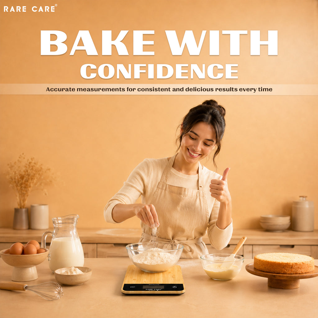 RARECARE Kitchen Weight Machine For Home - Real Bamboo Top | Electronic Weighing Machine for Food | Tare Function 1 Year Warranty | Dual Weight Setting | *Batteries Not Included* | Model - Pure
