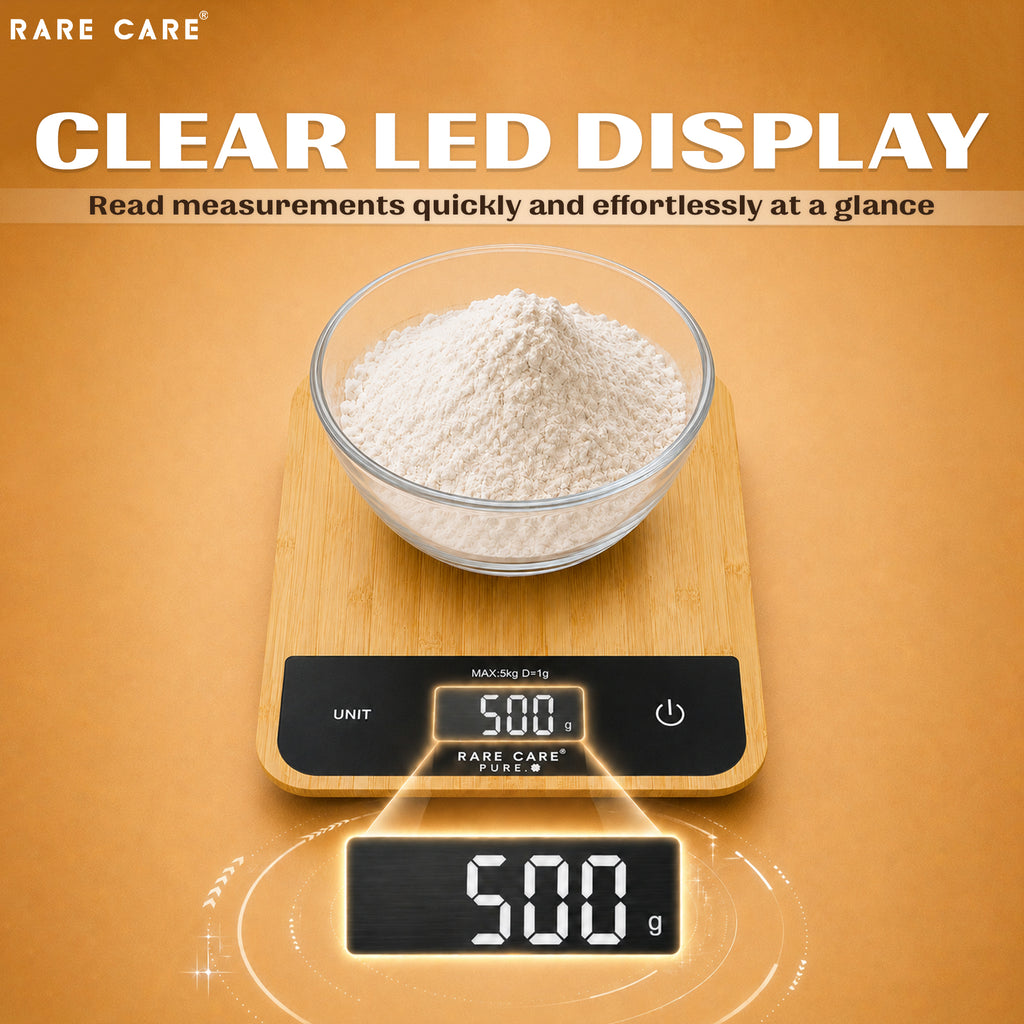 RARECARE Kitchen Weight Machine For Home - Real Bamboo Top | Electronic Weighing Machine for Food | Tare Function 1 Year Warranty | Dual Weight Setting | *Batteries Not Included* | Model - Pure