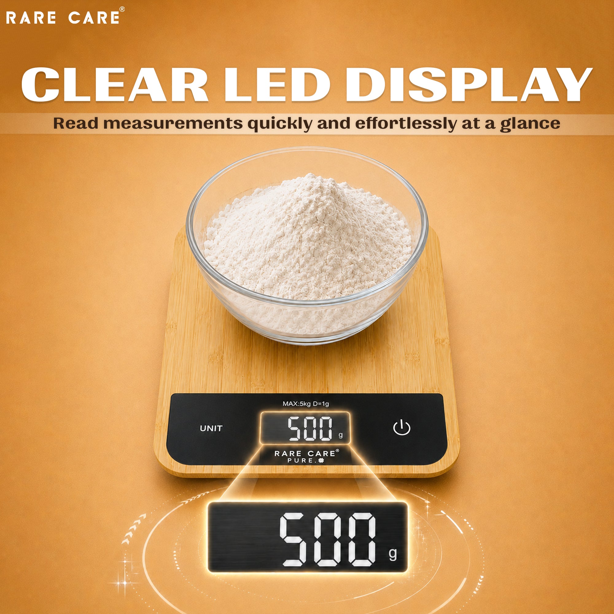 RARECARE Kitchen Weight Machine For Home - Real Bamboo Top | Electronic Weighing Machine for Food | Tare Function 1 Year Warranty | Dual Weight Setting | *Batteries Not Included* | Model - Pure