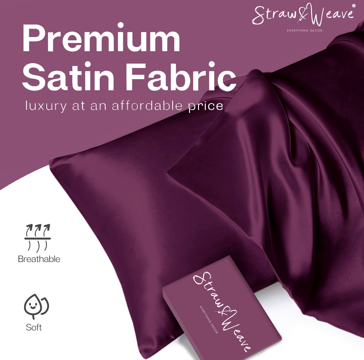STRAW&WEAVE Solid 600 TC Satin Pillow Cover for Hair & Skin 3 Months Warranty with 2 Silk Pillow Cover & 3 Satin Scrunchies